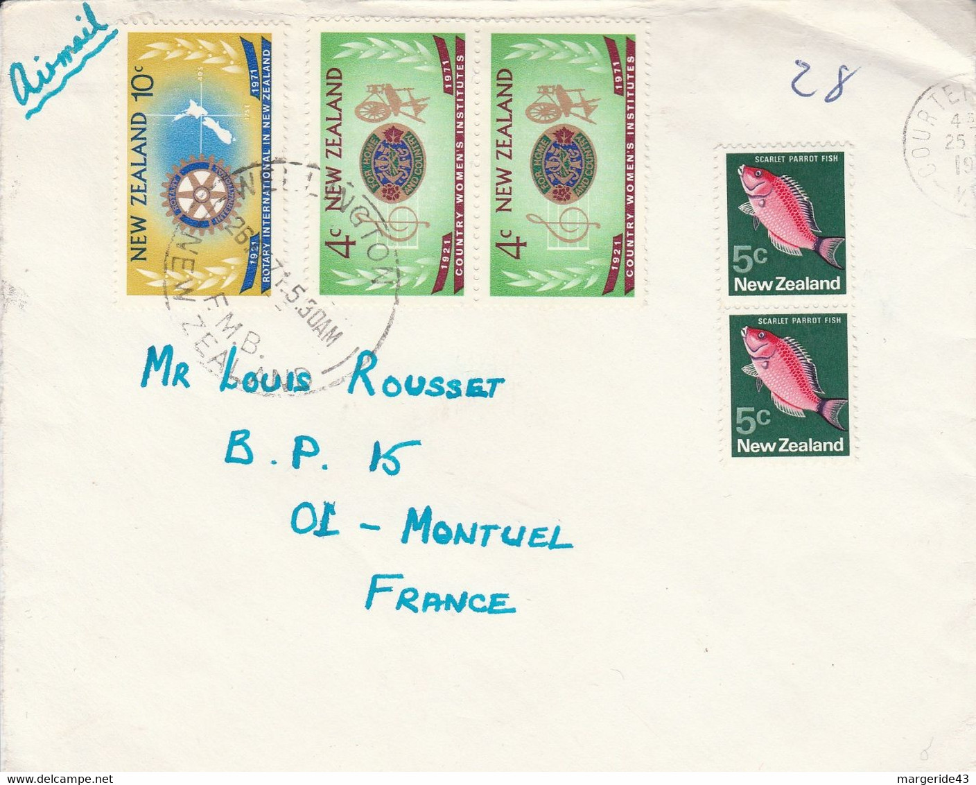 NOUVELLE ZELANDE AFFRANCHISSEMENT COMPOSE SUR DEVANT DE LETTRE POUR LA FRANCE 1971 - Storia Postale