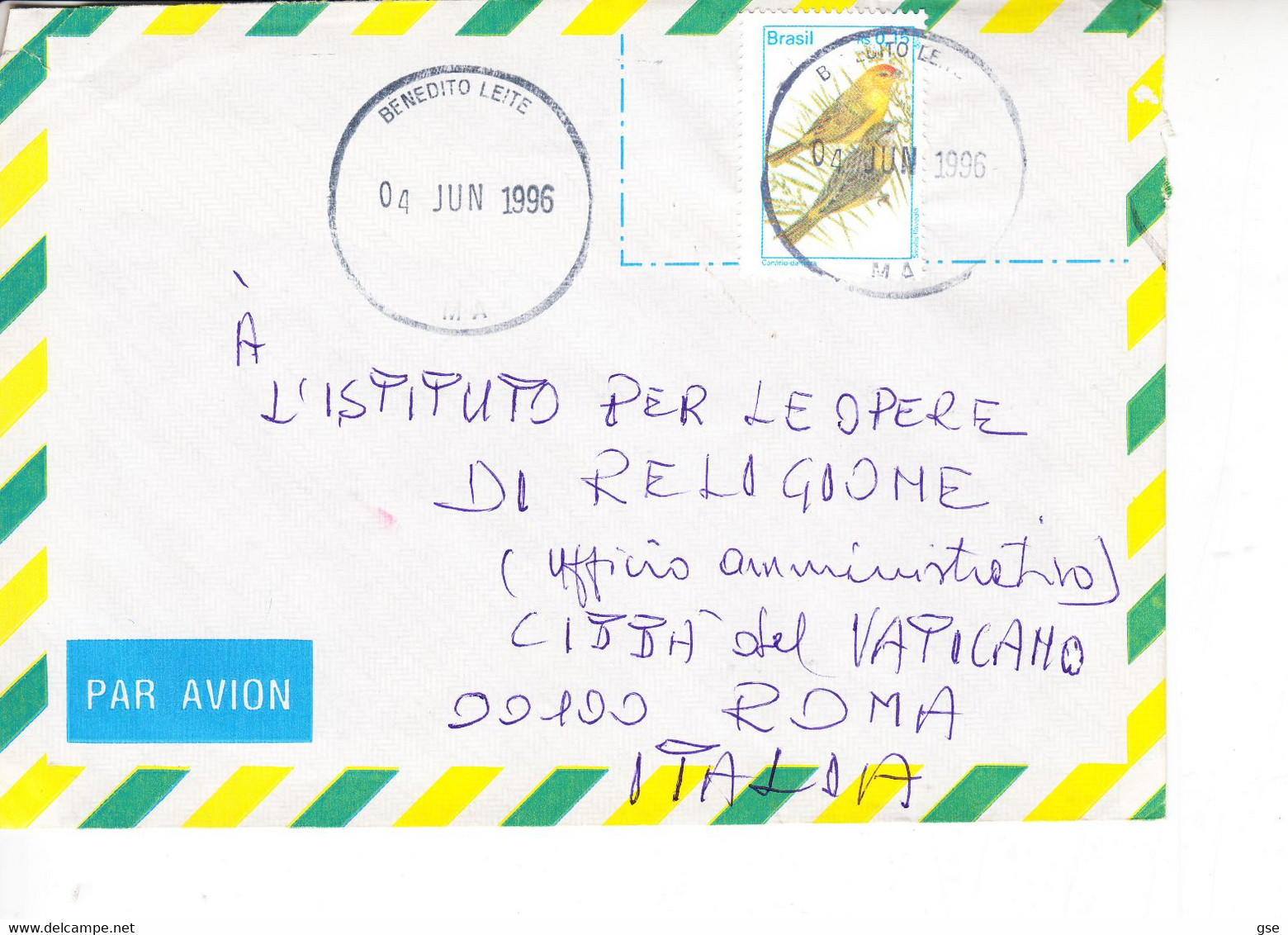 BRASILE 1996 - Yvert  2253 - Uccelli  Su Lettera Per Città  Vaticano - Sparrows