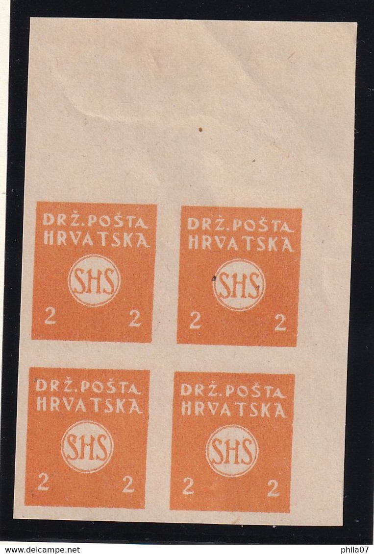 SHS Croatia - PS No. 48b. Imperforate Block Of Four From Upper Left Corner Of Sheet, Double-side Printed In Original Ora - Unused Stamps