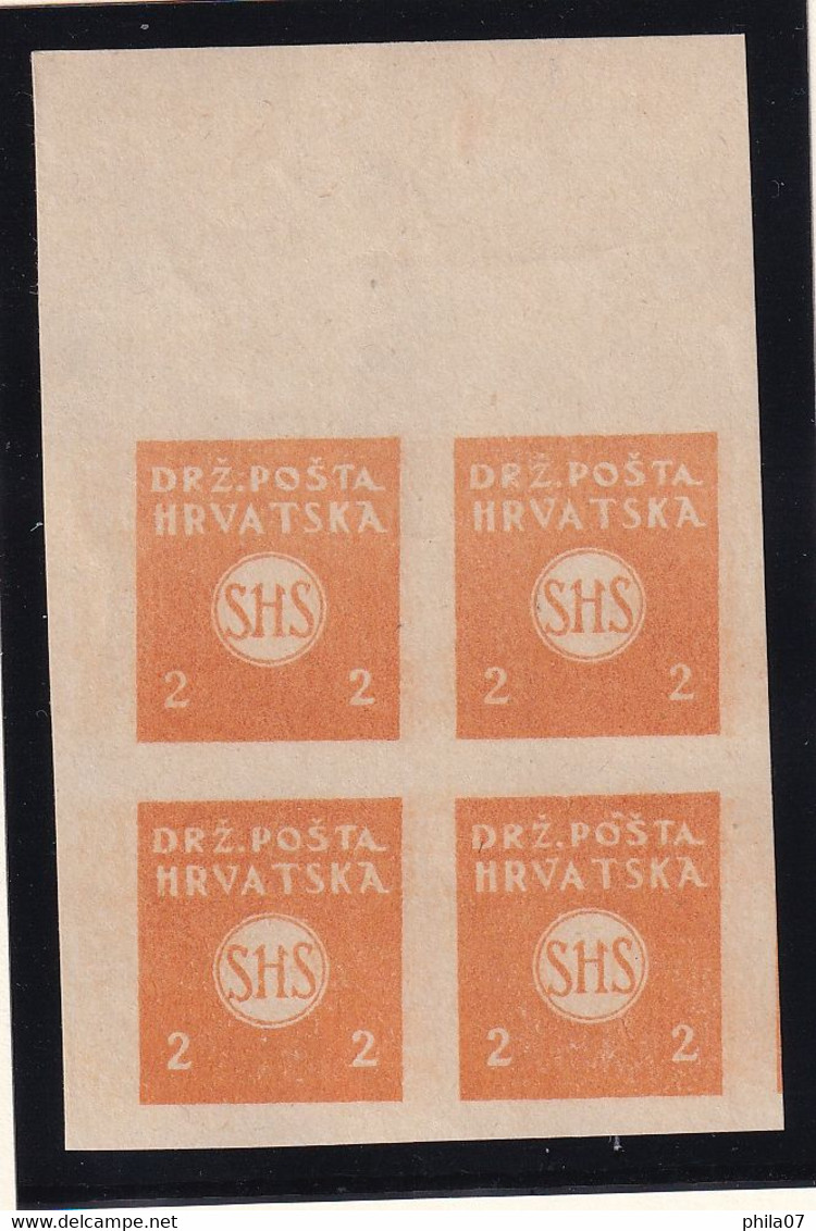 SHS Croatia - PS No. 48b. Imperforate Block Of Four From Upper Left Corner Of Sheet, Double-side Printed In Original Ora - Unused Stamps