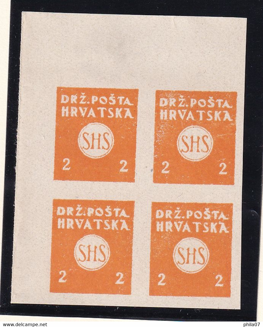 SHS Croatia - PS No. 48b. Imperforate Block Of Four From Upper Left Corner Of Sheet, Printed In Original Orange Color On - Neufs