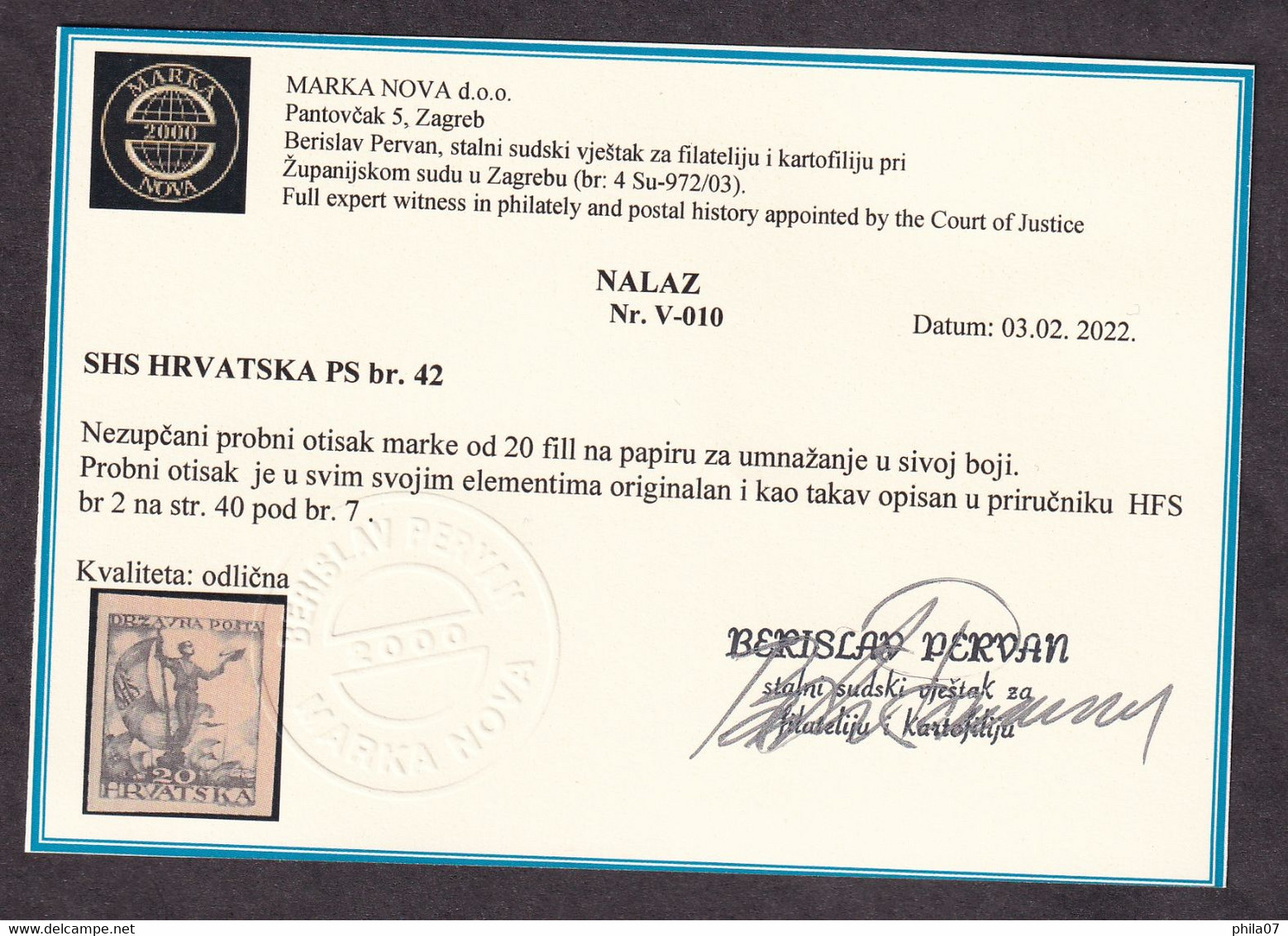 SHS Croatia - PS No. 42. Imperforate Trial Print Stamp Of 20 Fill On Paper For Multiplication On Grey Color. Described I - Neufs