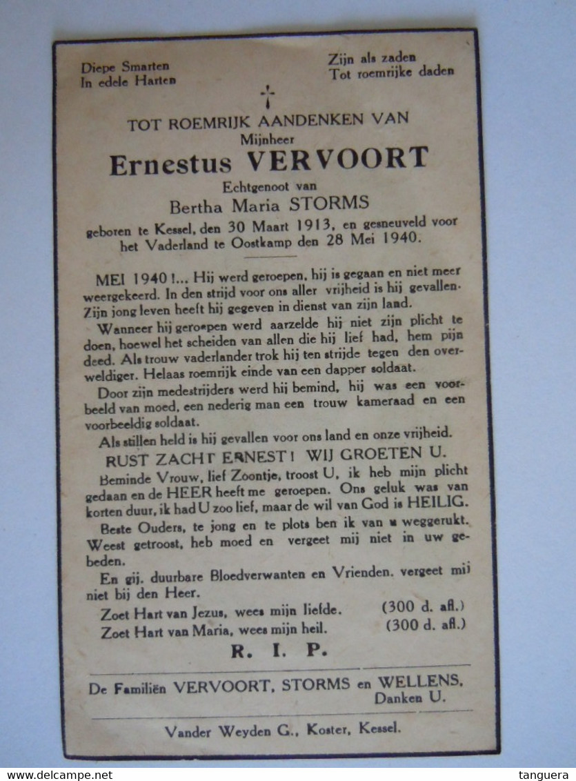 Doodsprentje Ernestus Vervoort °Kessel 1913 Soldaat Gesneuveld Oostkamp 28 Mei 1940 Echt Bertha Maria Storms WO2 - Imágenes Religiosas