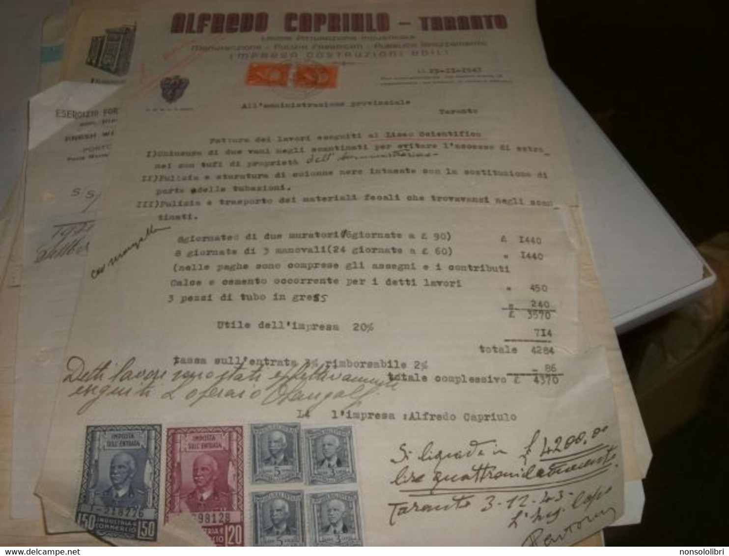 FATTURA DITTA ALFREDO CAPRIULO -TARANTO CON MARCHE DA BOLLO 1943 - Italia