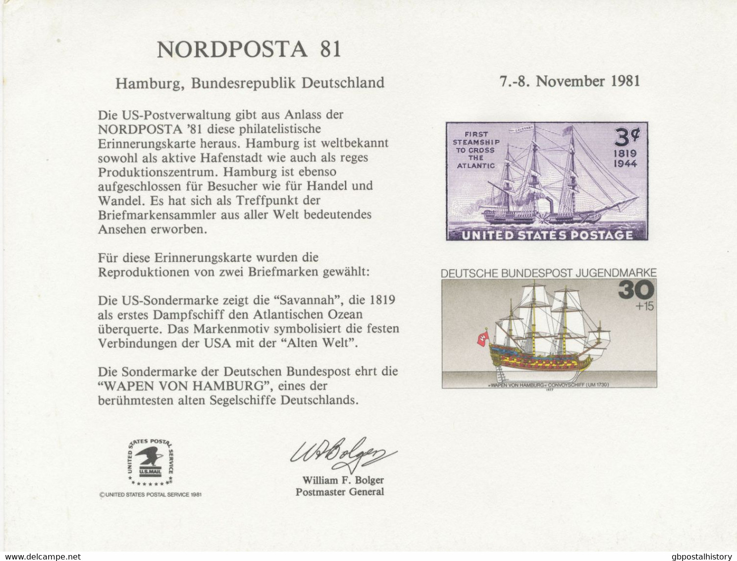 NORDPOSTA 81 - US Postal Administration Philatelic Commemorative Card, Rare - Covers & Documents