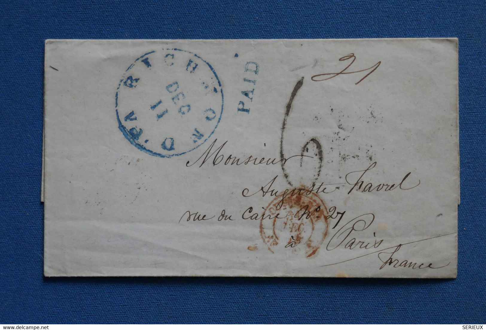 D46 ETATS UNIS  BELLE LETTRE RARE  1855 RICHMOND  POUR  PARIS FRANCE++++CACHET BLEU+ +AFFRANCH. PLAISANT - …-1845 Prephilately