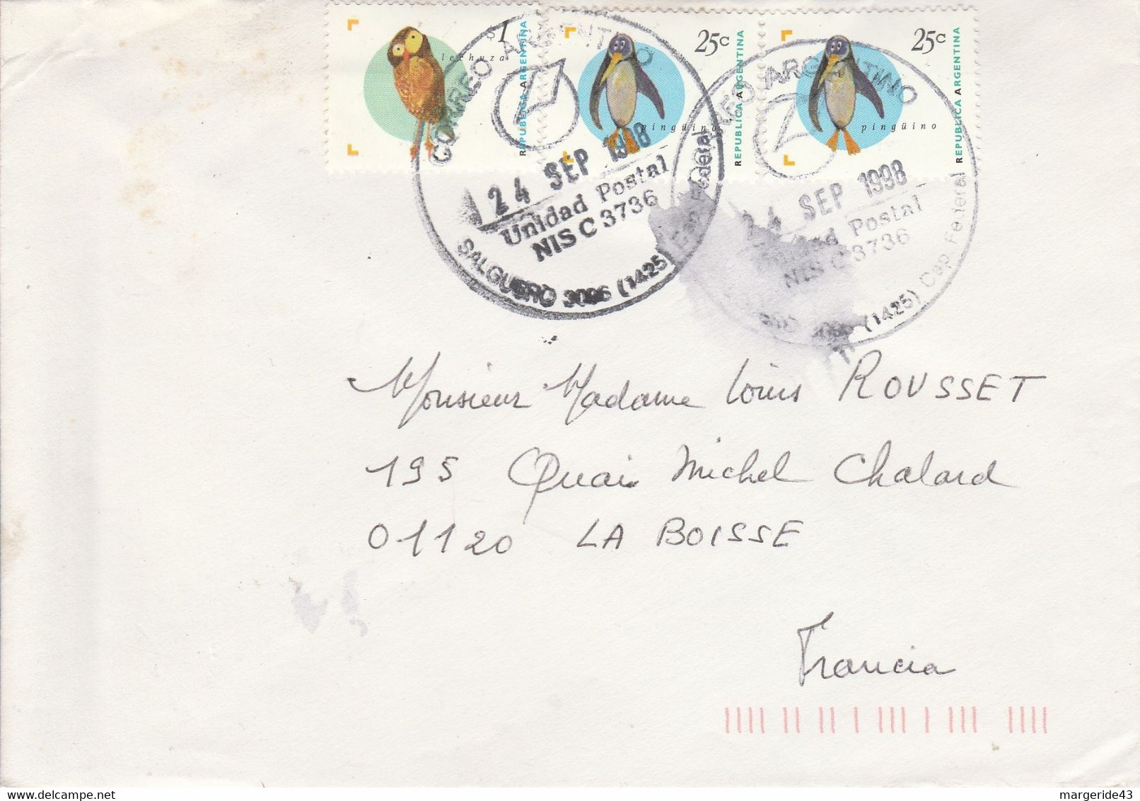 ARGENTINE AFFRANCHISSEMENT COMPOSE SUR LETTRE POUR LA FRANCE 1998 - Cartas & Documentos