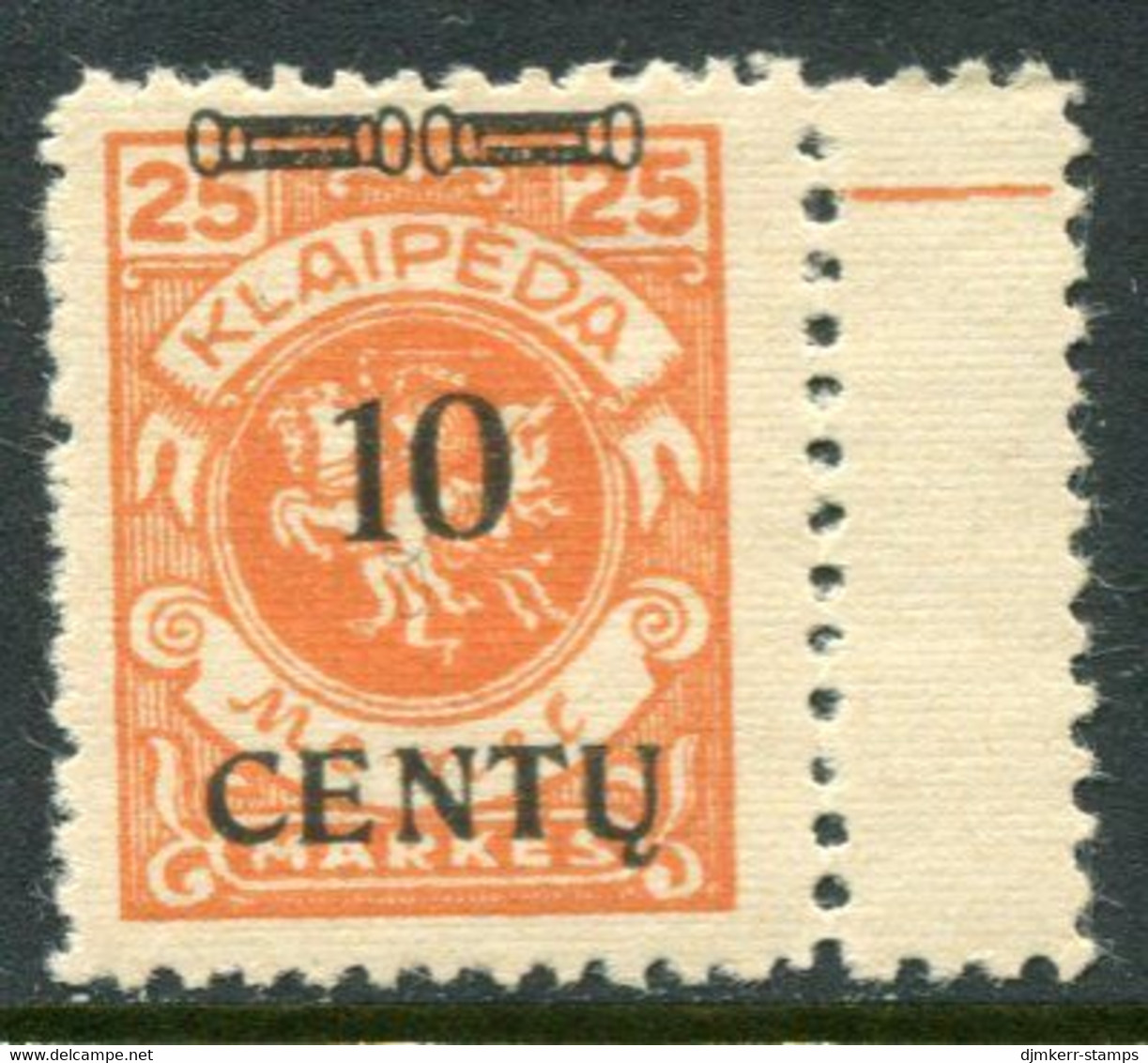 MEMEL (Lithuanian Occ) 1923 ( 16 April) Surcharge 10 C. On 25 M. Arms. LHM / *.  Michel 169 A III + 100% - Memel (Klaipeda) 1923