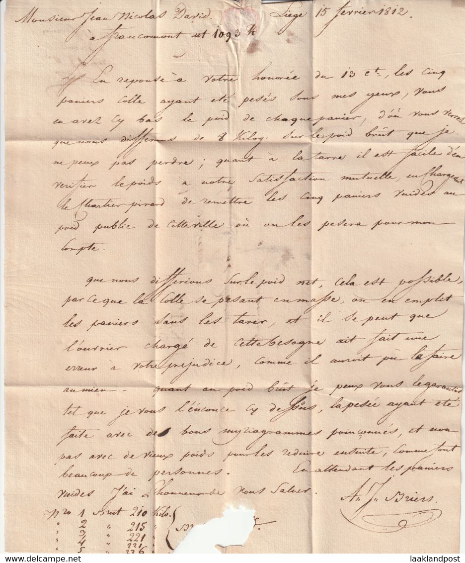 Voorfilatelie Liege 15/2/1812, 96 LIEGE Lettre - 1794-1814 (Période Française)