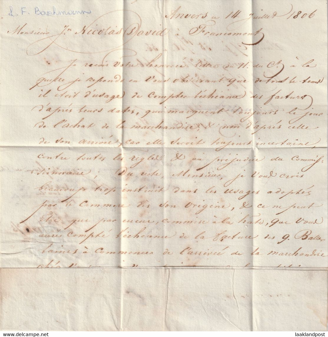 Voorfilatelie Anvers  14/7/1806,  93 ANVERS   Lettre - 1794-1814 (Période Française)