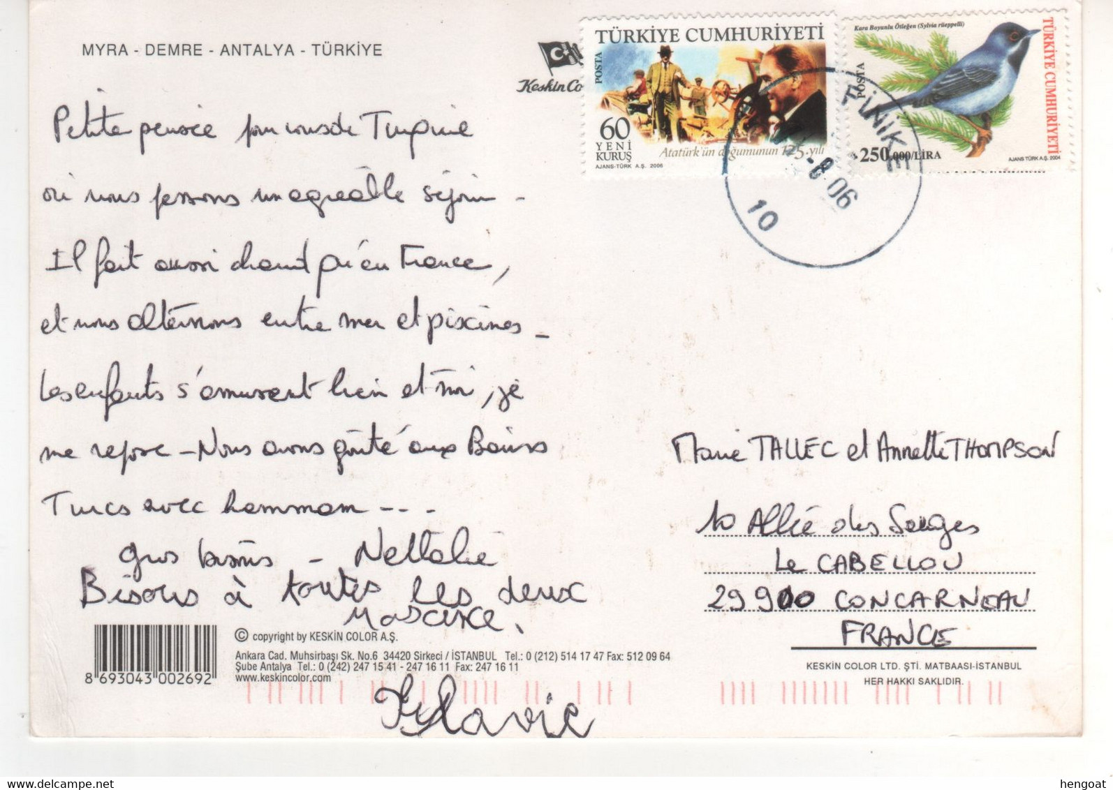 Timbres , Stamps Oiseau " Sylvia Rüepelli "  + Personnage " Ataturk " Sur Cp , Carte , Postcard Du 07/08/2006 - Brieven En Documenten