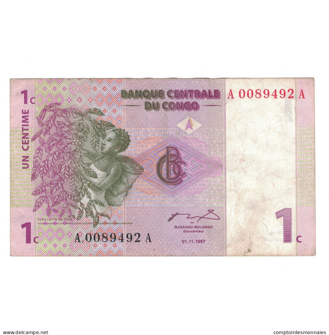 Billet, République Démocratique Du Congo, 1 Centime, 1997, 1997-11-01, KM:80a - République Du Congo (Congo-Brazzaville)