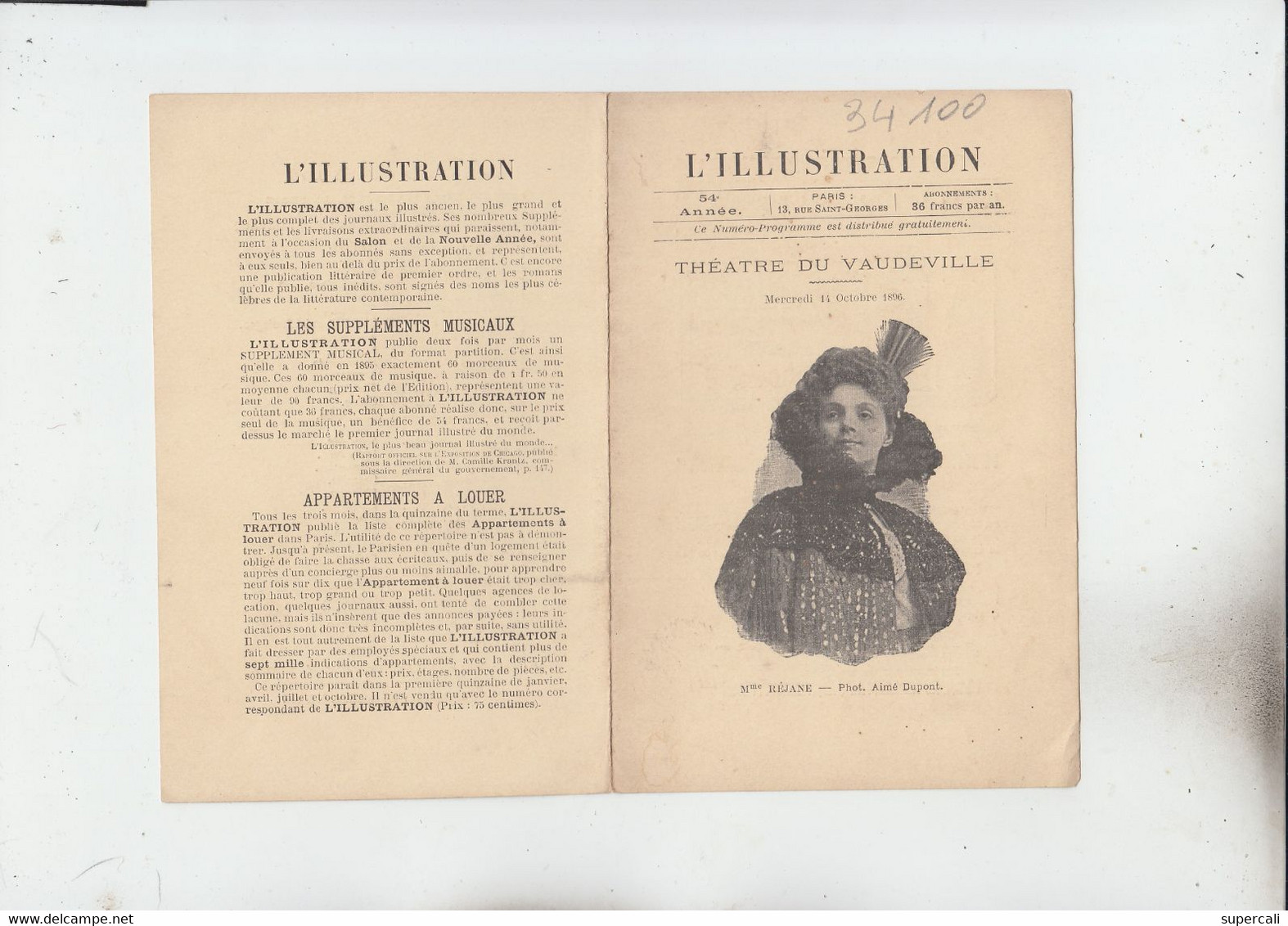 RT34.100   SUPPLEMENT GRATUIT DE L'ILLUSTRATION  THEATRE DU VAUDEVILLE. Mme REJANE - Journaux Anciens - Avant 1800