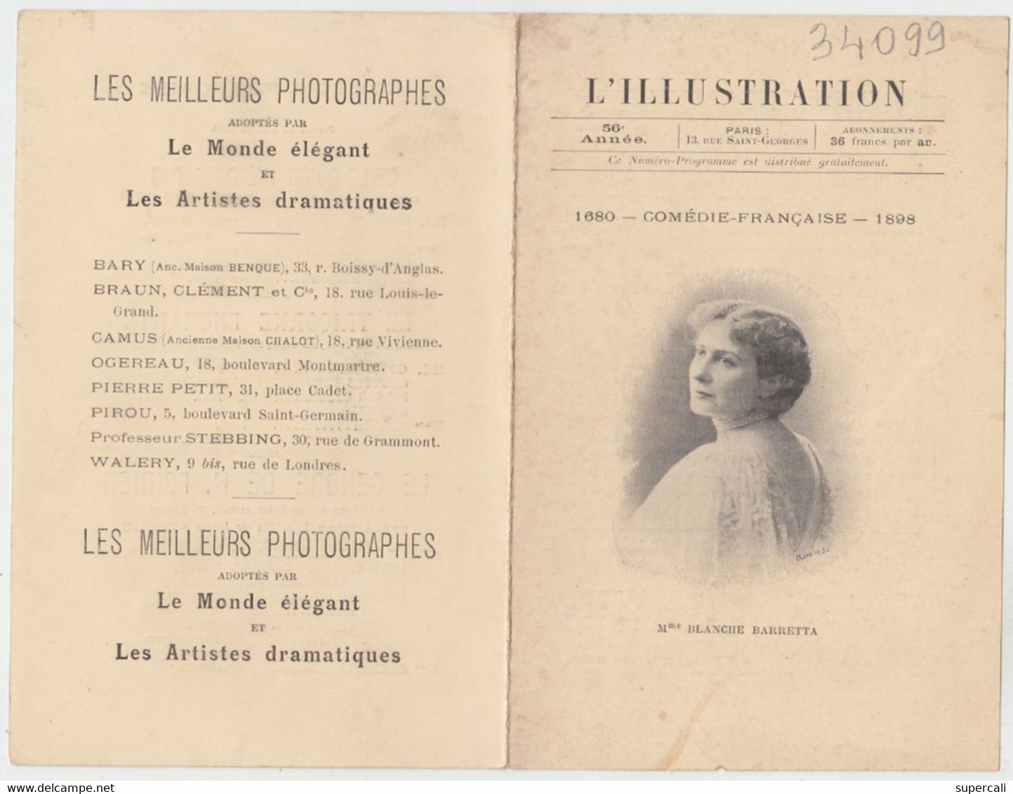 RT34.099   SUPPLEMENT GRATUIT DE L'ILLUSTRATION  COMEDIE-FRANCAISE 1808 Mme BLANCHE BARRETTA - Giornali - Ante 1800