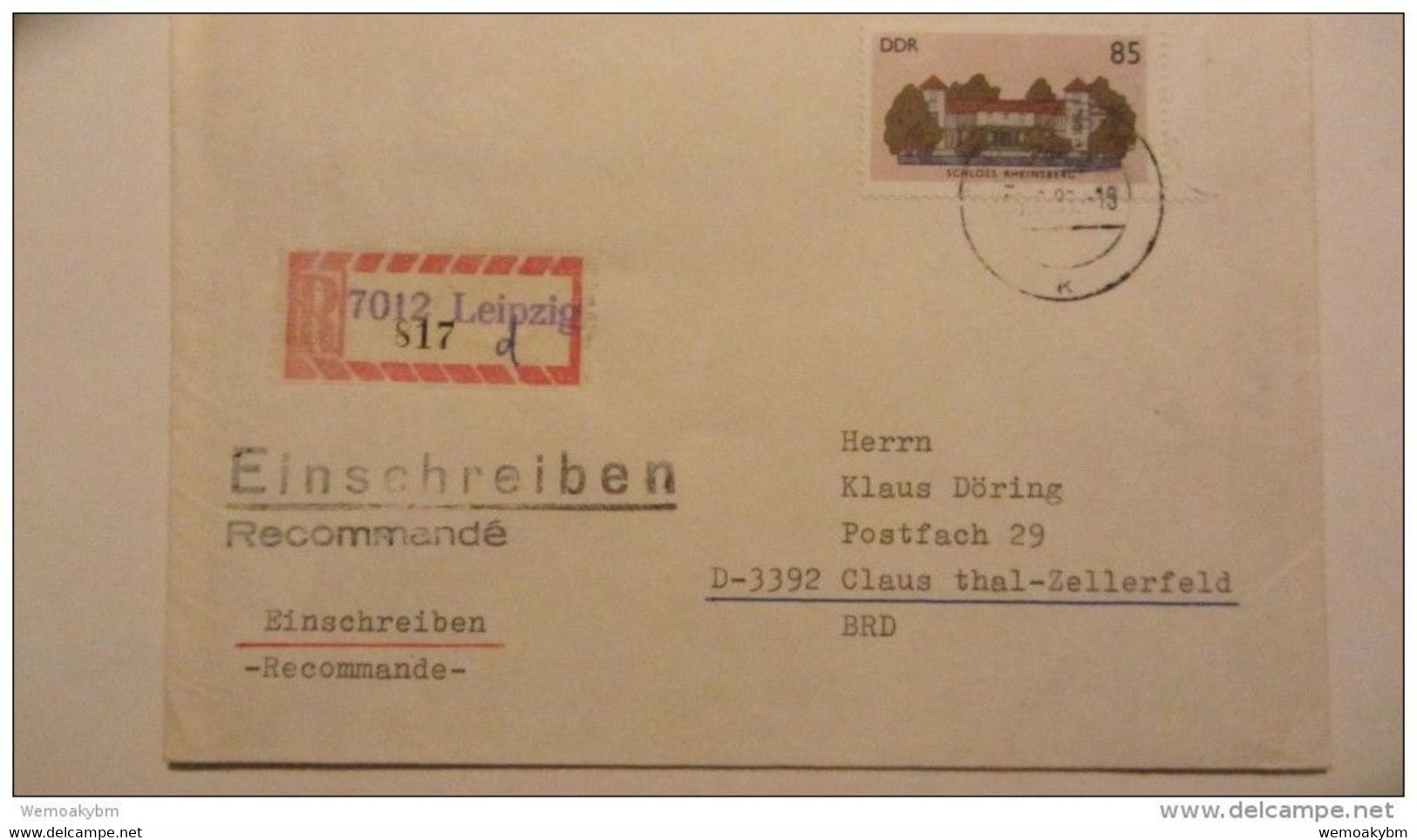 DDR: A-R-Brief Mit 85 Pf Schloß Rheinsberg Aus 7012 LEIPZIG (817)-Aushilfs-R-Zettel Portogenau Knr: 3034 - Etiquettes De Recommandé