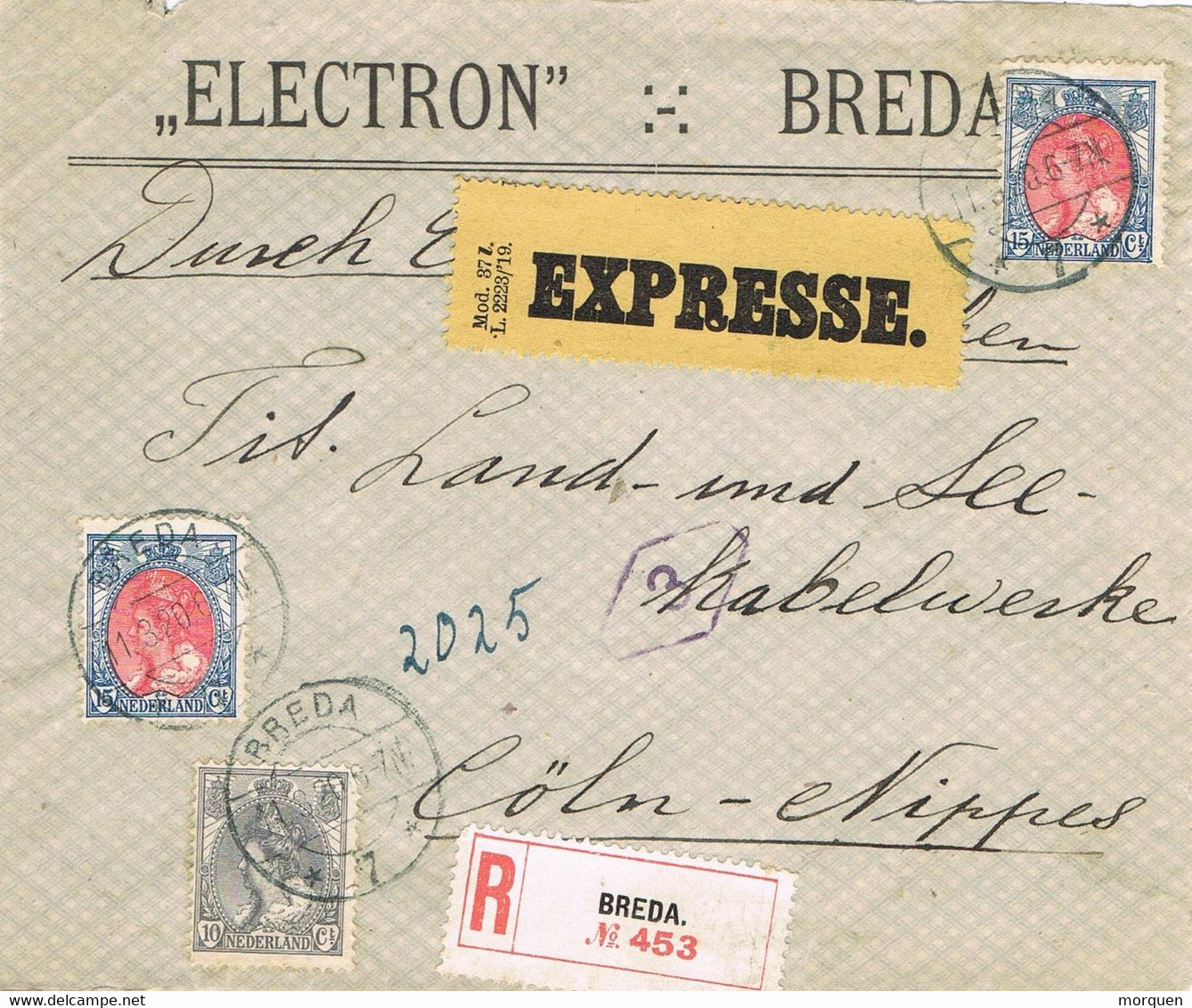 43893. Frontal Express Certificado BREDA (Nederland) Holanda 1920 To COLN, Germany - Brieven En Documenten