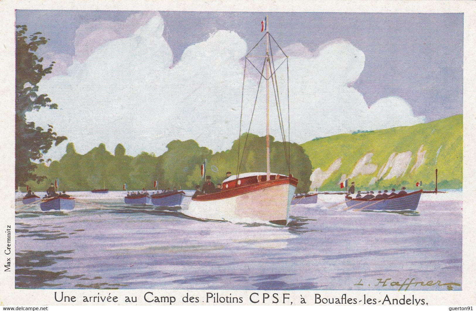 CPA ( Illustrateur Bateau) HAFFNER   Une Arrivée Au Camp Des Pilotins C PS F  A Bouafles Les Andelysr(b Theme 6) - Haffner