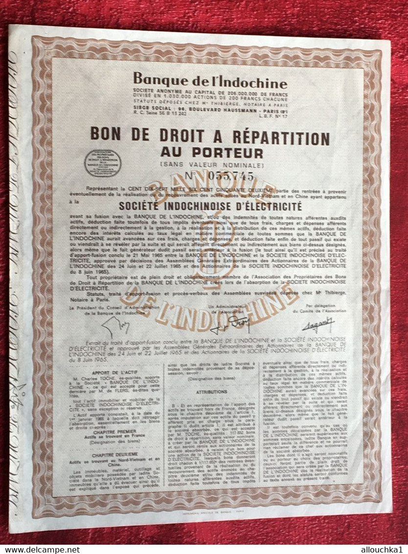 Banque De L'Indochine Bon Droit A Répartition Au Porteur Action Titre Société Indochinoise D'électricité-Scripophilie- - Elektrizität & Gas