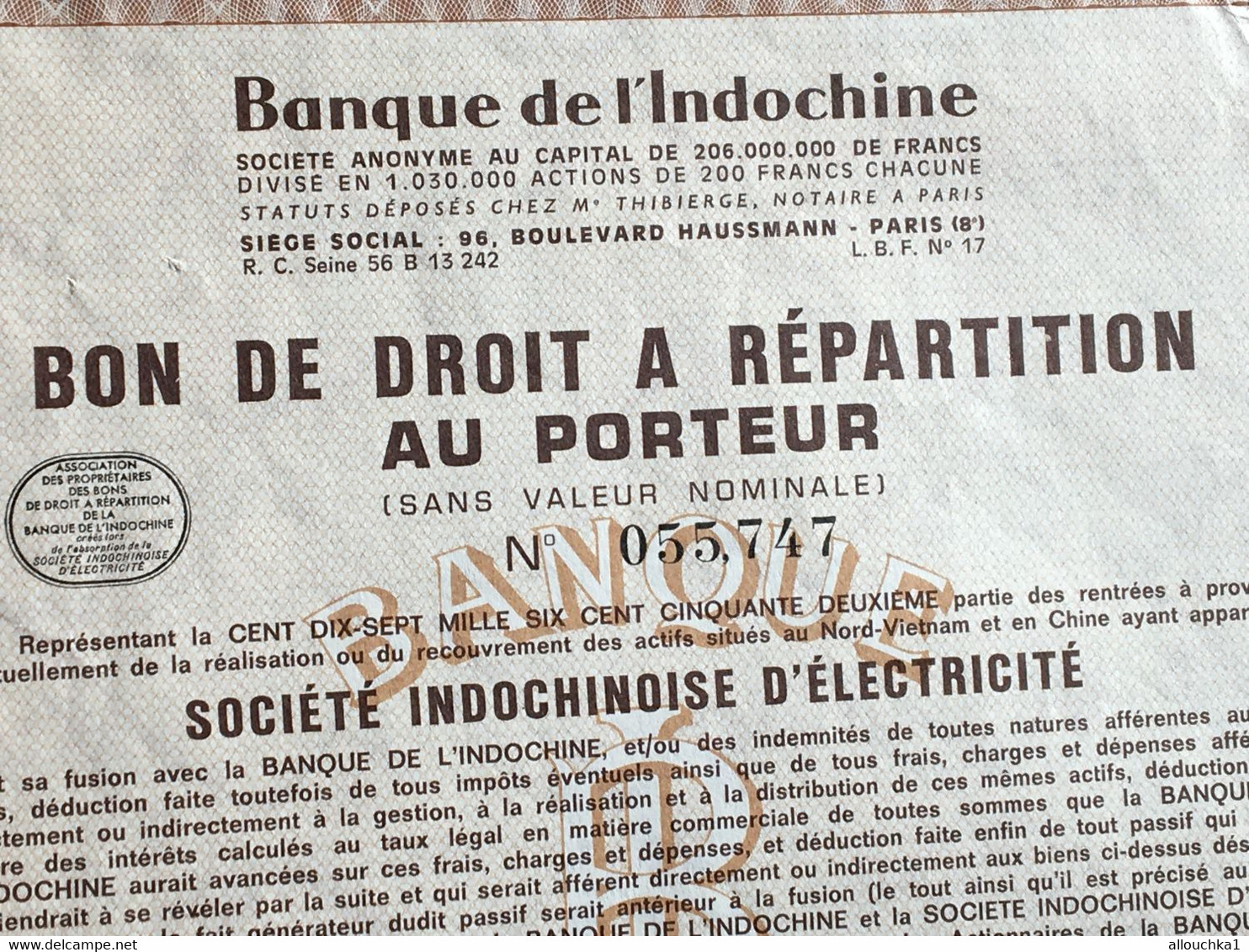Banque De L'Indochine Bon Droit A Répartition Au Porteur Action Titre Société Indochinoise D'électricité-Scripophilie- - Elektrizität & Gas