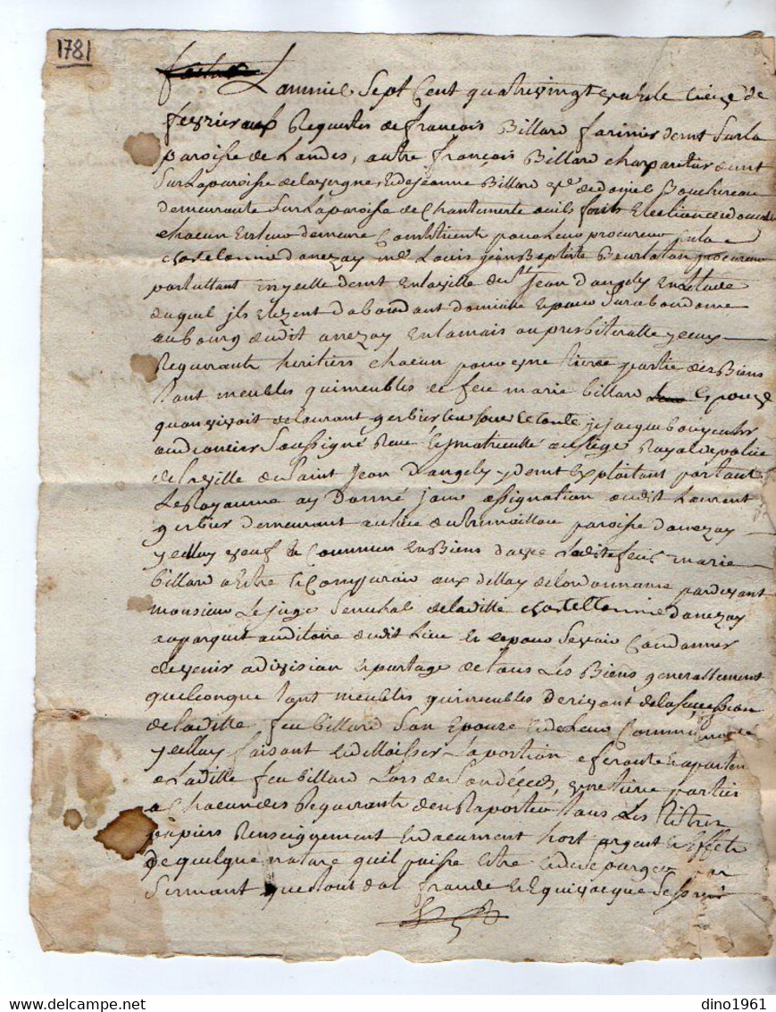 VP19.293 - Cachet De Généralité De LA ROCHELLE - Acte De 1781 Concernant La Famille BILLARD à LANDES Et Autres ...... - Timbri Generalità