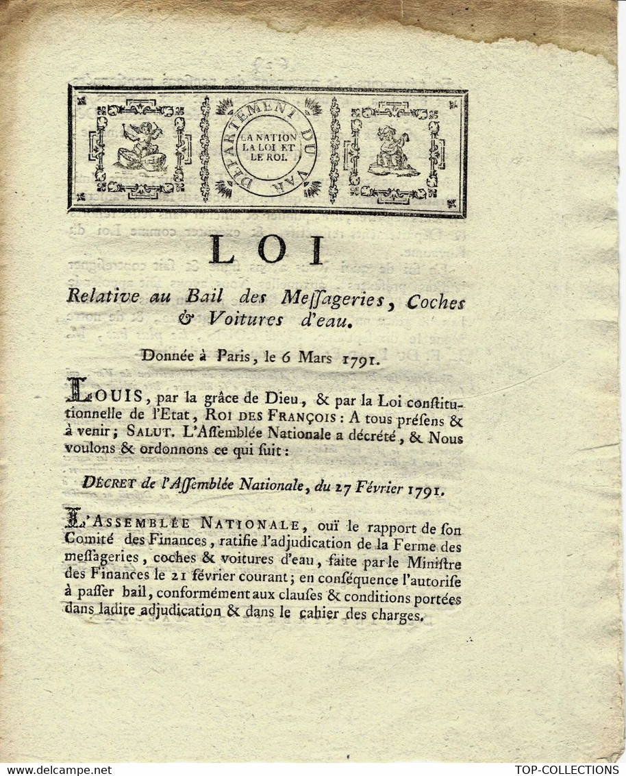 1791 HISTOIRE LA POSTE SOUS LA REVOLUTION LOI BAIL DES MESSAGERIES COCHES ET VOITURES D EAU  V.HISTORIQUE - Gesetze & Erlasse