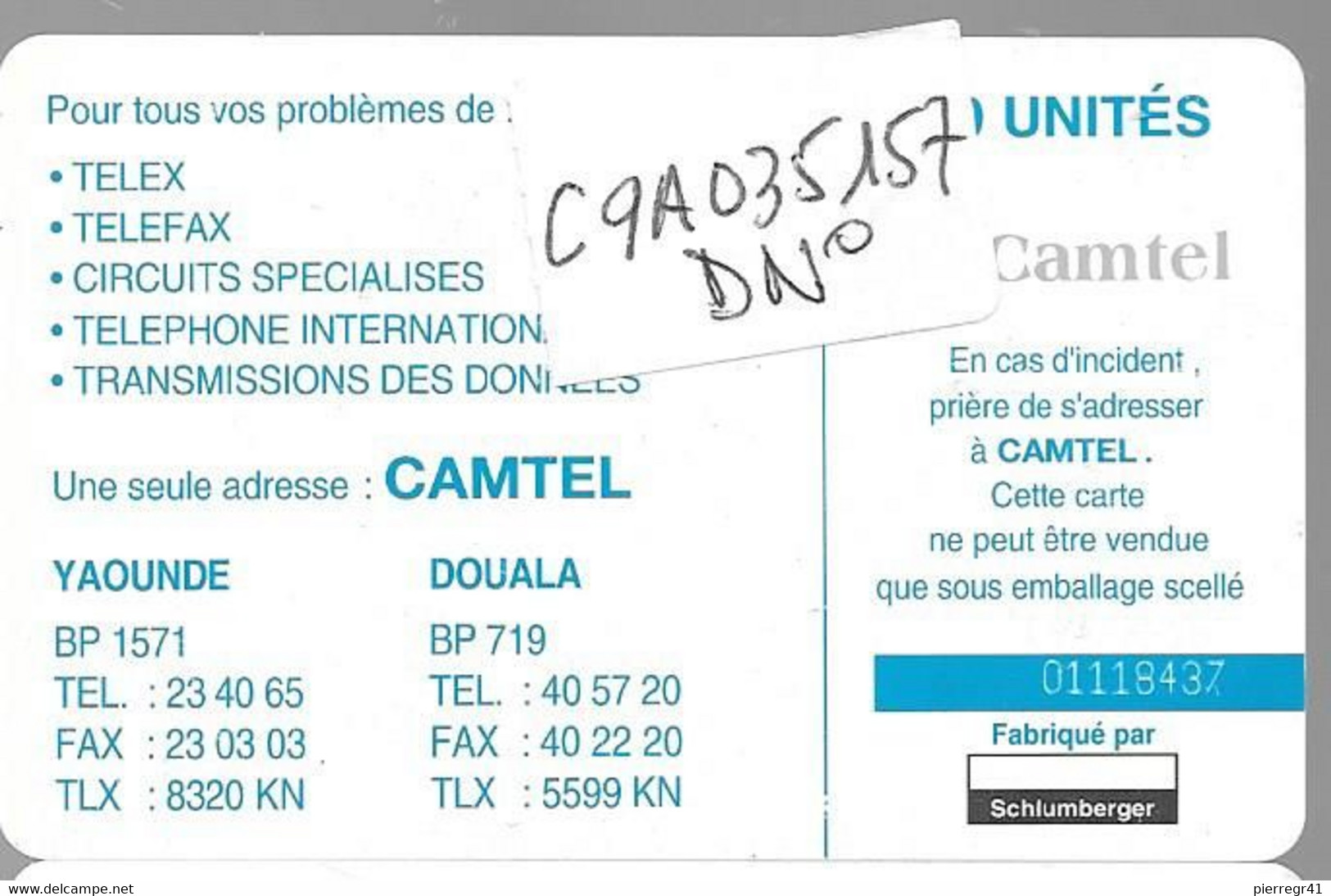 CARTE PUCE-CAMEROUN-SC7-50U-INTELCAM-FOUMBAN-PALIS SULTAN-V°DN° Blanc-C9A035157/-Utilisé -BE-RARE - Kameroen
