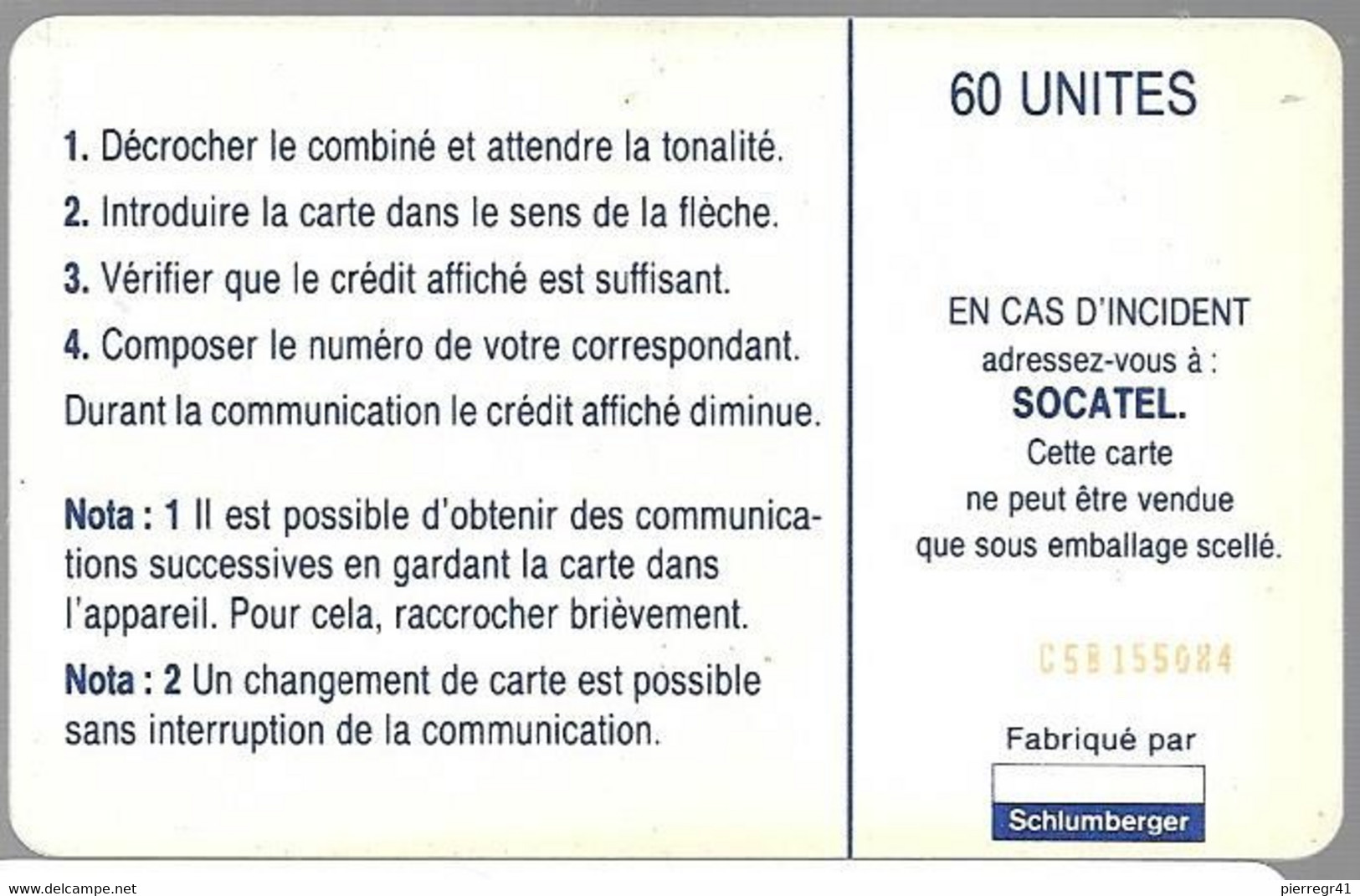 CARTE-PUCE-CENTRE AFRIQUE-60U-SC7-SOCATEL-BLEU-V°N°Rge C5B155084-TBE - Centrafricaine (République)