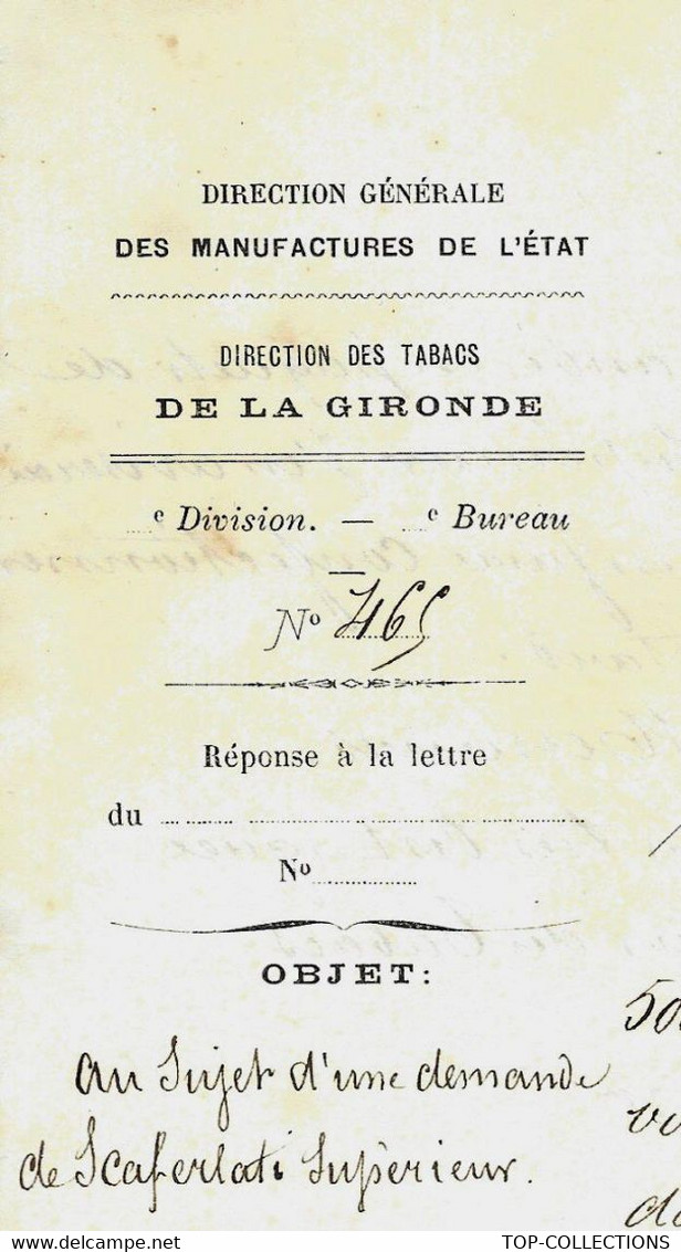 1876 MANUFACTURES DE TABAC En France  TABACS BORDEAUX 1876 SCARFERLATI =>CURCIER ADET  Négociants Bordeaux - Historische Documenten