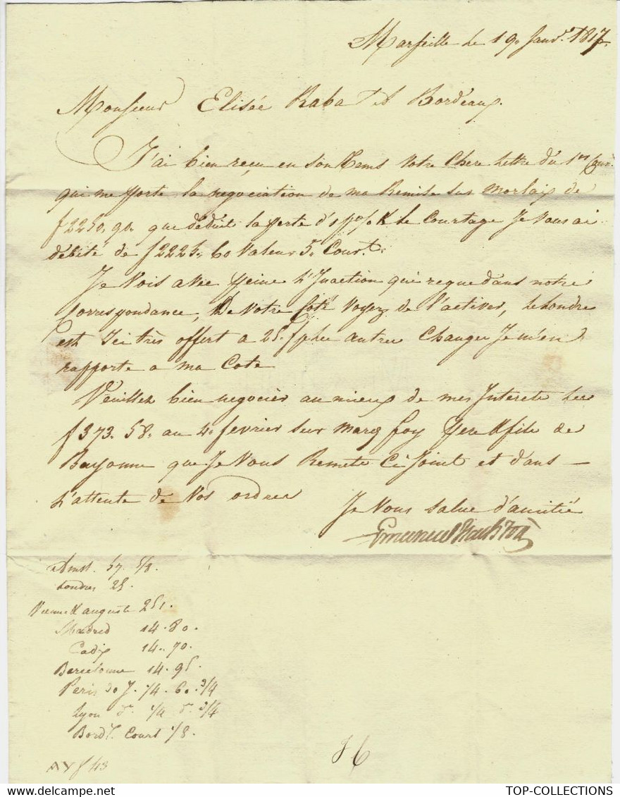 JUDAICA MARSEILLE 1817 LETTRE  Emmanuel Isaac Foa Négociant  Banquier à Elisée Raba Négociant  Bordeaux B.E.VOIR SCANS - Manuscripten