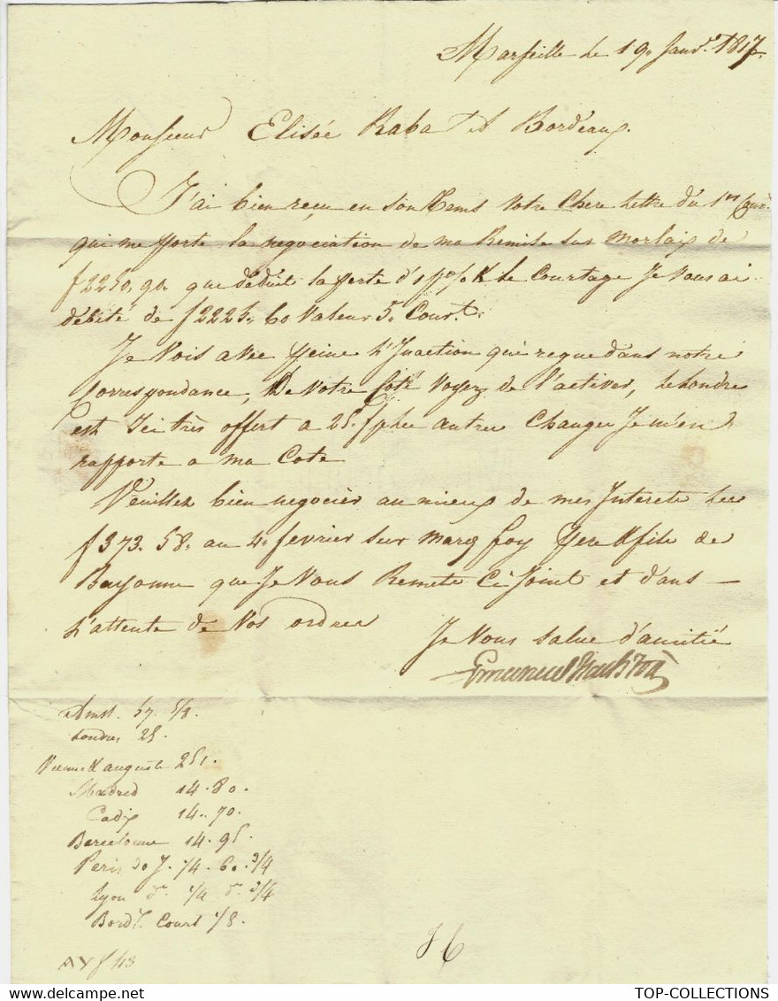 JUDAICA MARSEILLE 1817 LETTRE  Emmanuel Isaac Foa Négociant  Banquier à Elisée Raba Négociant  Bordeaux B.E.VOIR SCANS - Manuskripte
