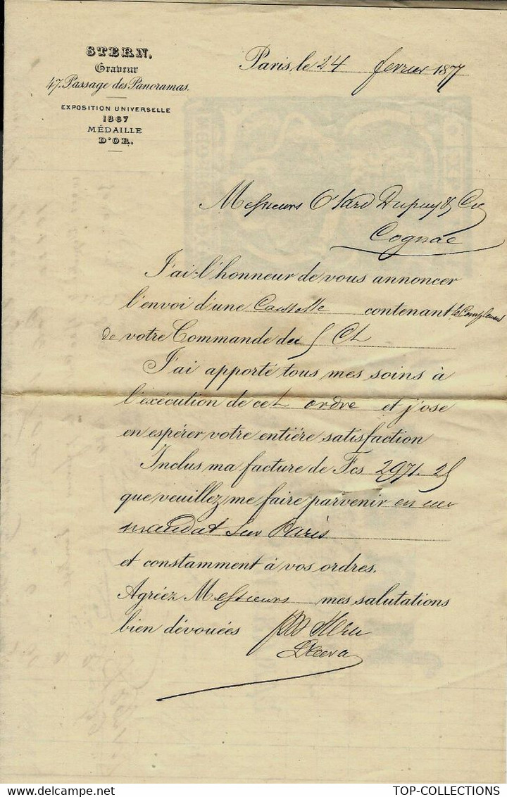 PARIS 1877 GRAVEUR IMPRIMEUR STERN PASSAGE DES PANORAMAS Pour OTARD DUPUY COGNACS VOIR SCANS+HISTORIQUE - Historische Dokumente