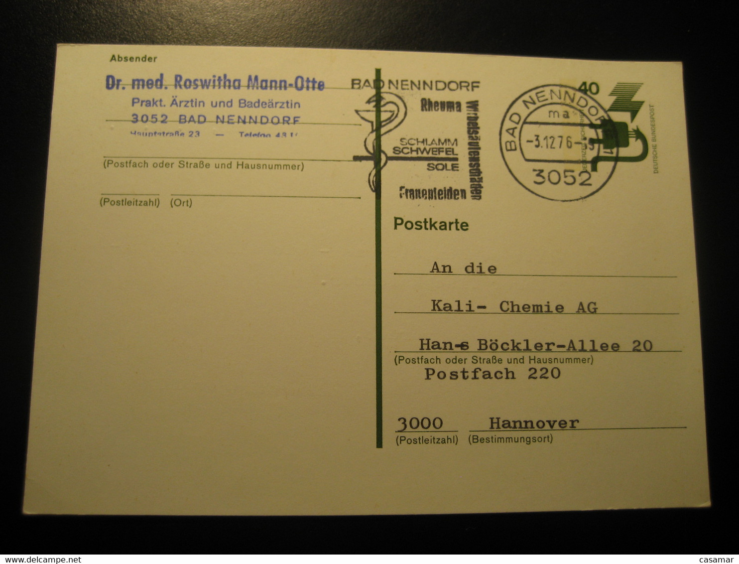 BAD NENNDORF 1976 Rheuma Rheumatism Rhumatisme Thermal Health Sante Cancel Card GERMANY - Thermalisme