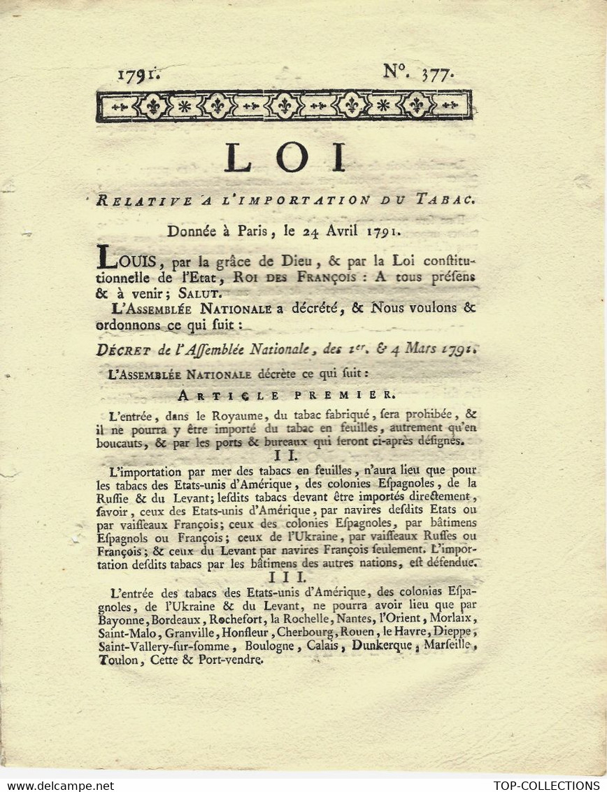 REVOLUTION  1791 LOI RELATIVE A L IMPORTATION DU TABAC B.E VOIR SCANS+HISTORIQUE - Decreti & Leggi