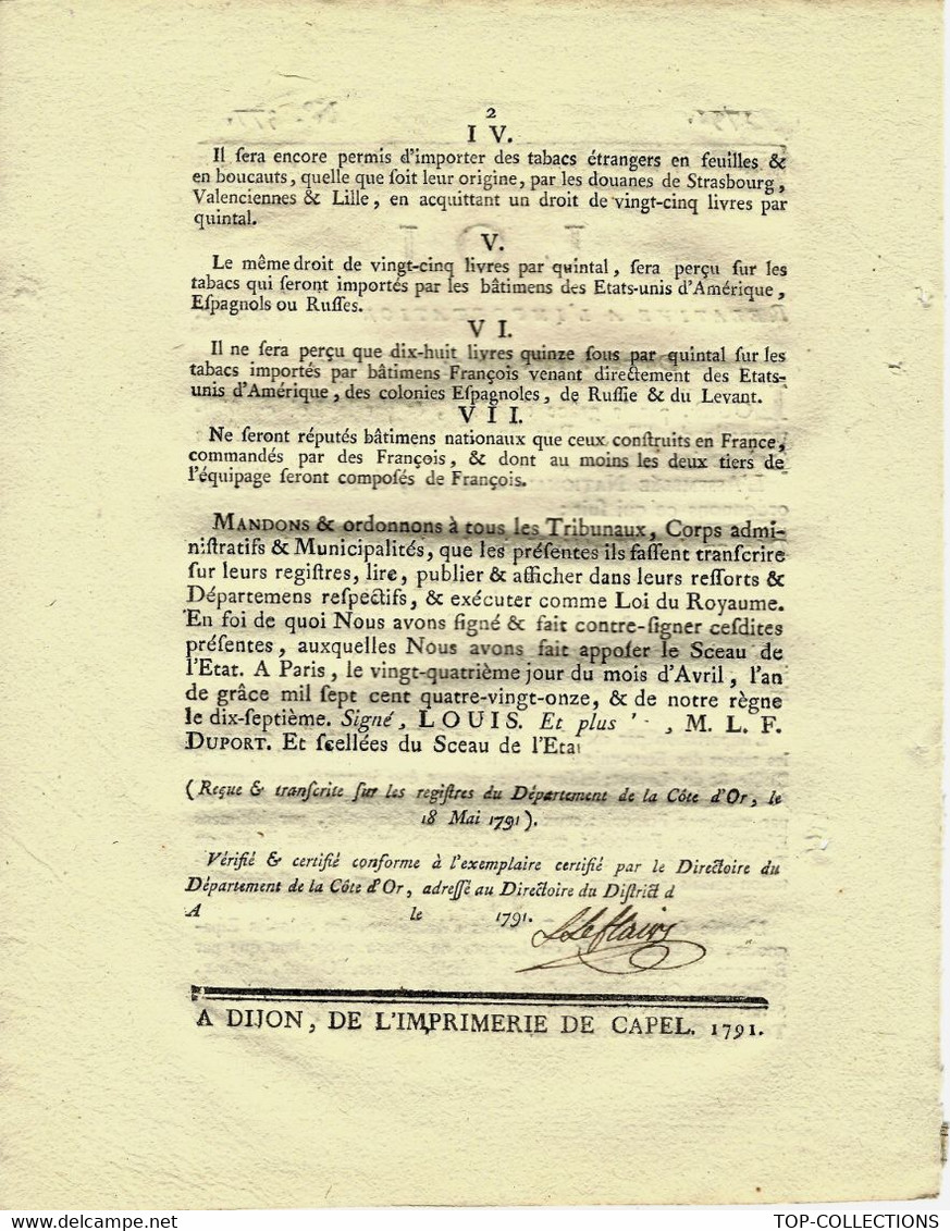 REVOLUTION  1791 LOI RELATIVE A L IMPORTATION DU TABAC B.E VOIR SCANS+HISTORIQUE - Décrets & Lois