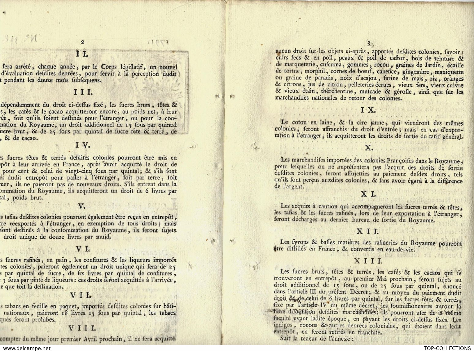 1791 REVOLUTION COLONIES IMPORTATION  NAISSANCE DES DOUANES  Loi Relative  Droits D'entrée Sur Les Denrées Coloniales - Decretos & Leyes