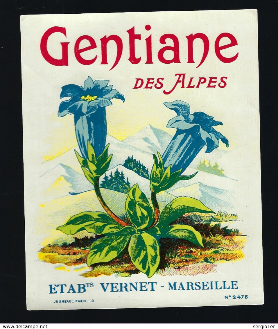 Ancienne Etiquette Vernie Gentiane  Des Alpes Etabts Vernet Marseille 13  " Superbe" - Alcoholen & Sterke Drank