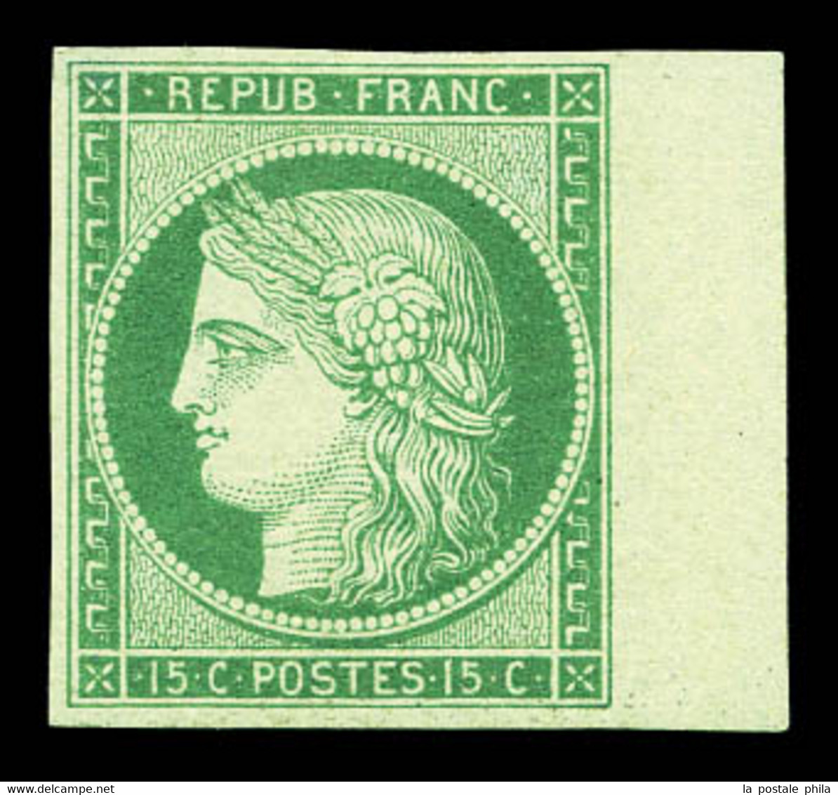 * N°2, 15c Vert, Bord De Feuille Latéral Droit, Fraîcheur Et Couleur Exceptionnelles, Un Des Plus Beaux Exemplaires Conn - 1849-1850 Ceres