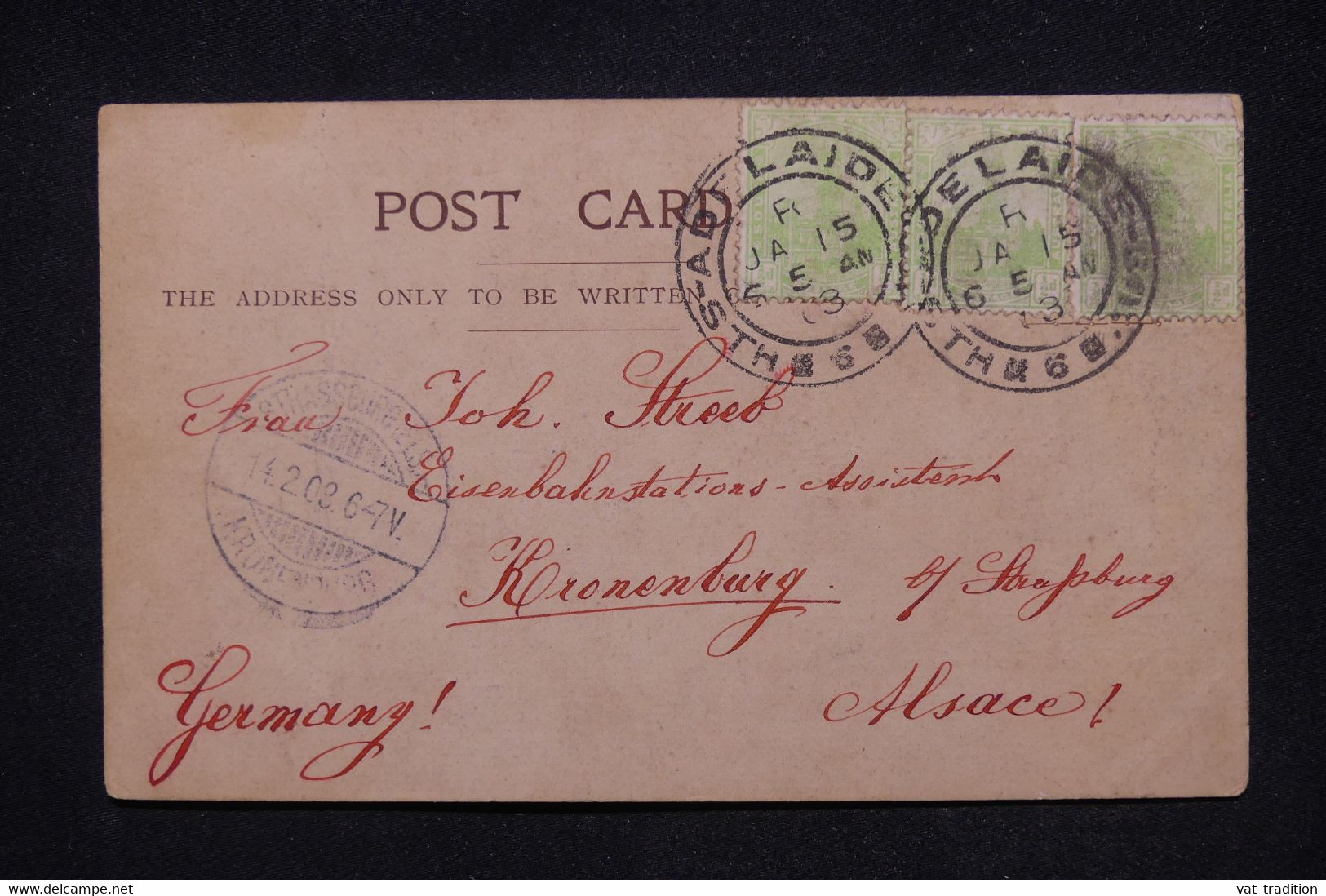 AUSTRALIE - Affranchissement  De Adélaïde Sur Carte Postale En 1903 Pour L'Alsace ( Occupation Allemande) - L 117271 - Covers & Documents