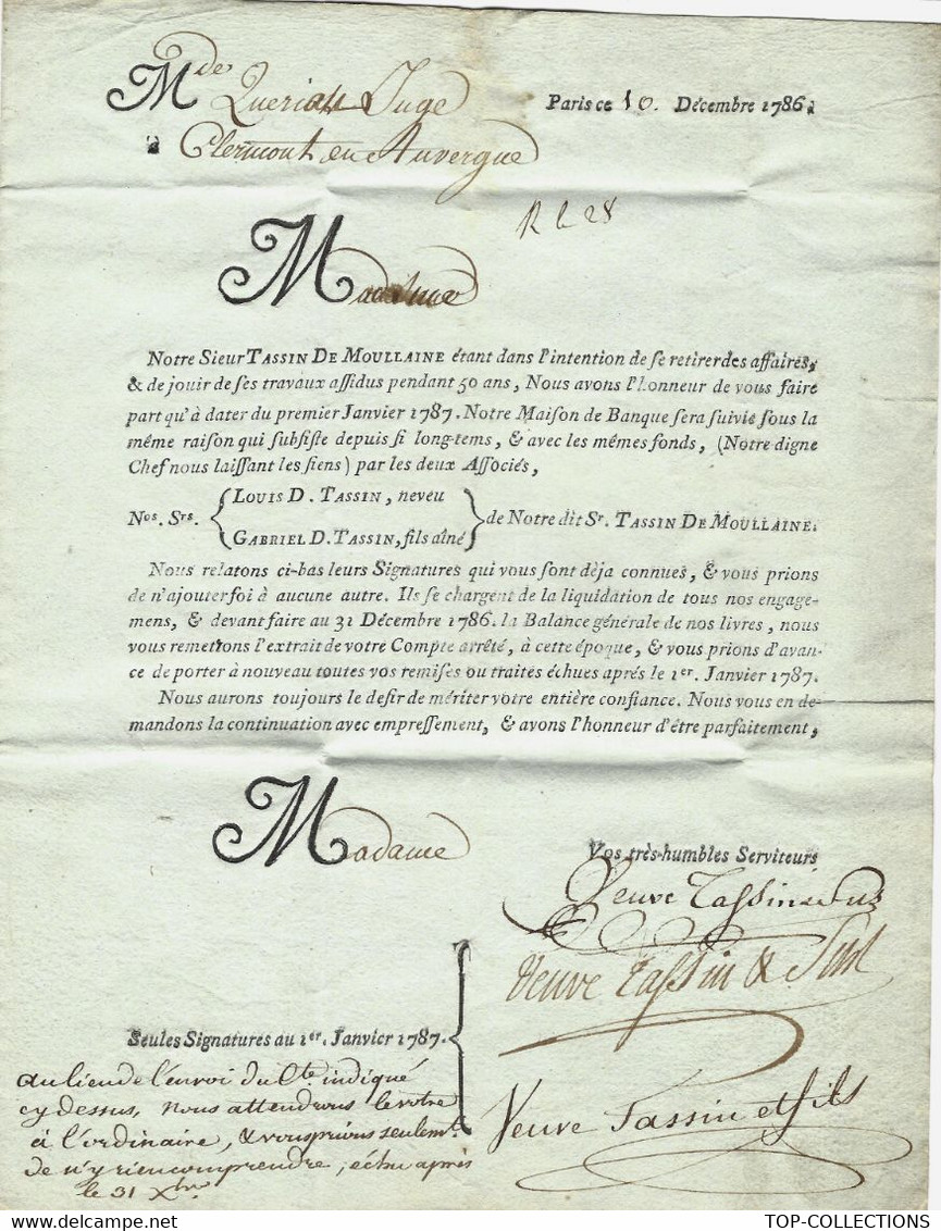 1786 PARIS BANQUE BANQUIERS  TASSIN DE MOULLAINE FAMILLE GENEALOGIE SIGNATURES => QUERIAU Clermont Ferrand VOIR SCANS - Historische Dokumente