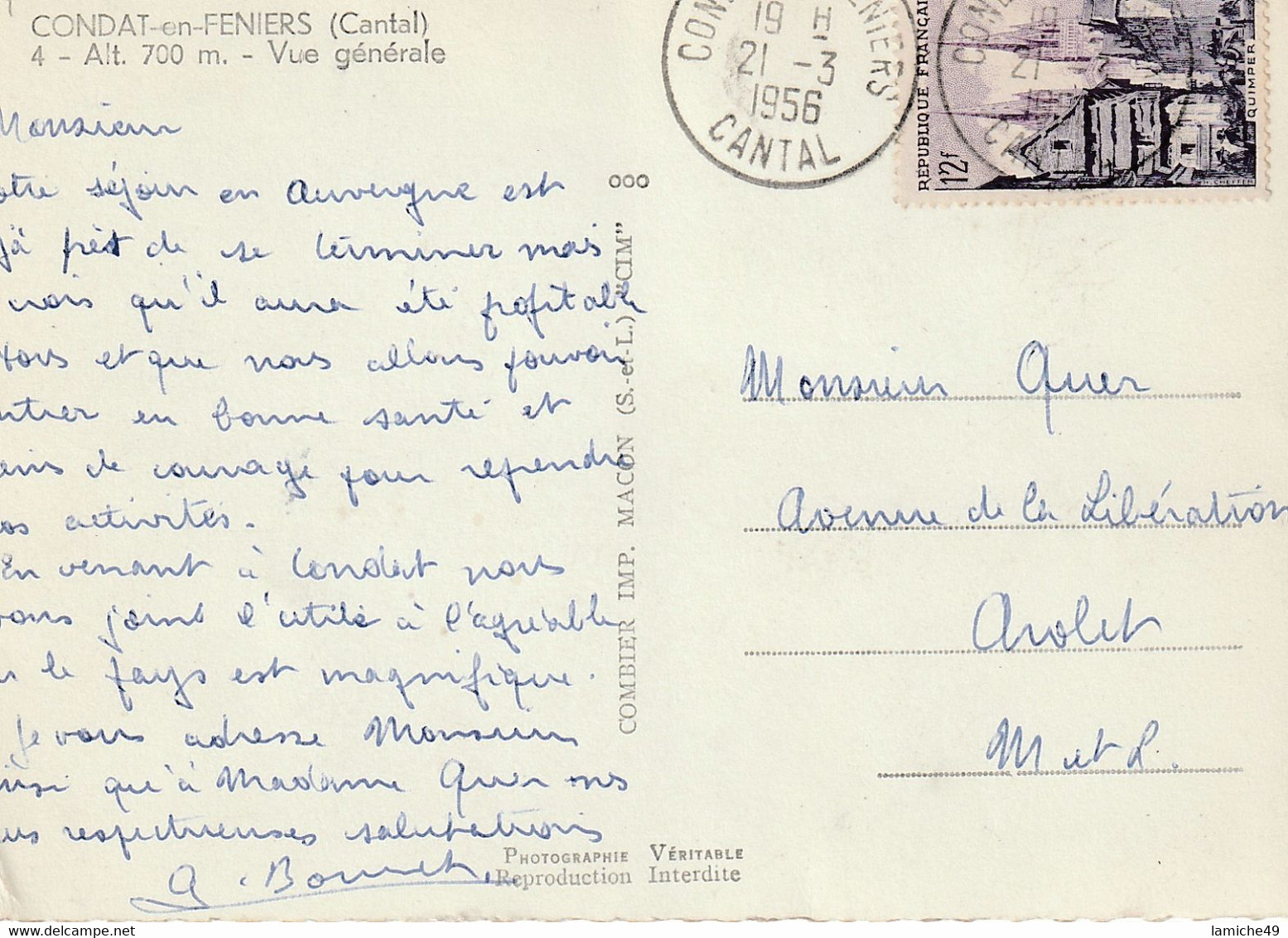 CONDAT EN FENIERS (Cantal) Vue Générale Timbres 1956 - Condat