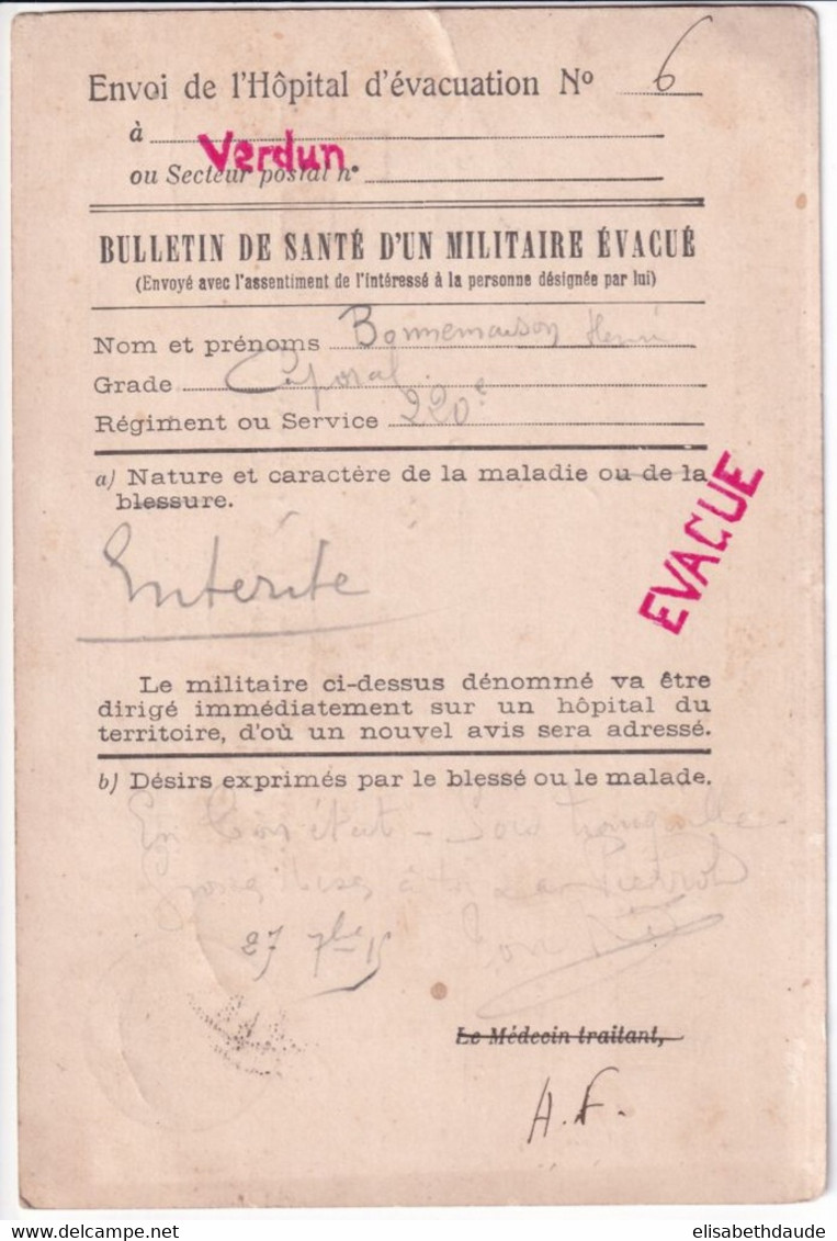 1915 - HOPITAL D'EVACUATION N°6 De VERDUN (MEUSE) ! - RARE CARTE CROIX-ROUGE FM BULLETIN DE SANTE => GRADIGNAN (GIRONDE) - Rotes Kreuz