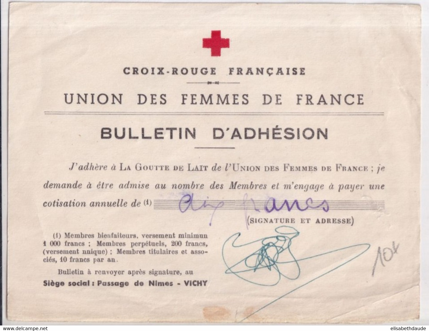 BULLETIN ADHESION CROIX-ROUGE UNION DES FEMMES De FRANCE De VICHY (ALLIER) - Rode Kruis