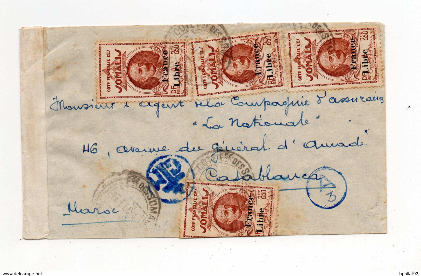 !!! COTE DES SOMALIS, LETTRE PAR AVION DE DJIBOUTI POUR CASABLANCA DE 1943 AVEC BANDE BLANCHE DE CENSURE - Cartas & Documentos