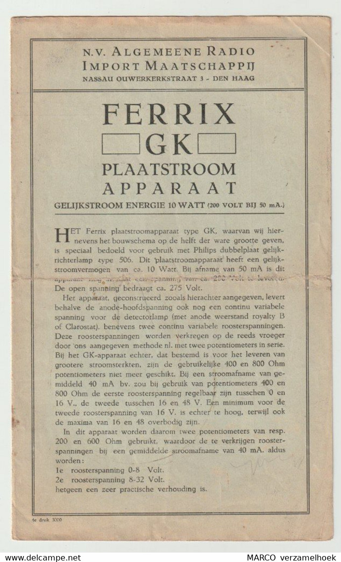 Brochure-leaflet N.V. Algemeene Radio Import Maatschappij De Haag (NL) FERRIX GK Plaatstroomapparaat 1930 - Libros Y Esbozos