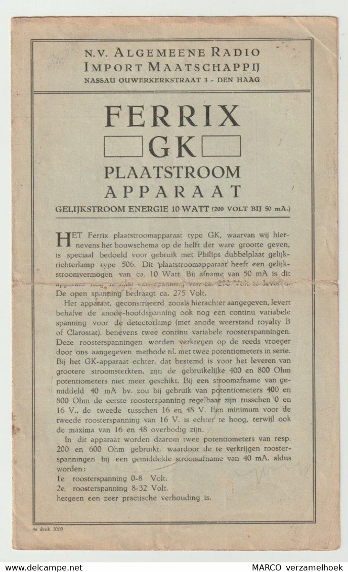 Brochure-leaflet N.V. Algemeene Radio Import Maatschappij De Haag (NL) FERRIX GK Plaatstroomapparaat 1930 - Literatuur & Schema's