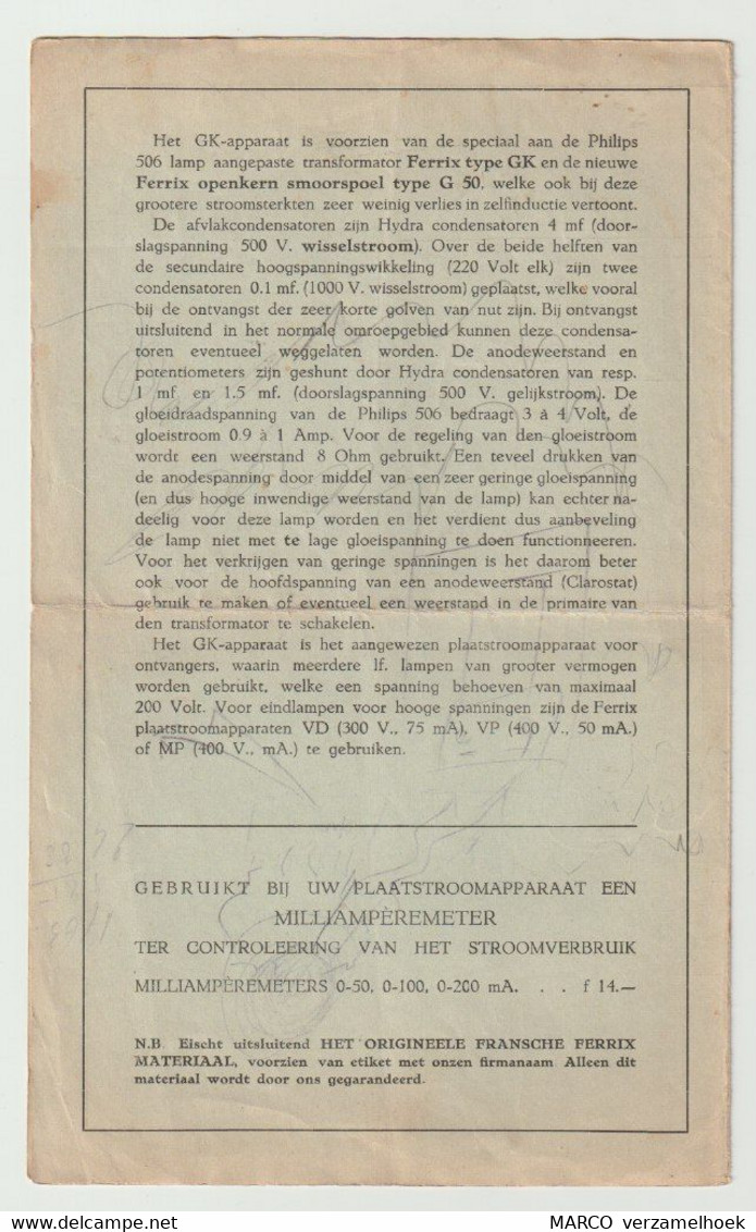 Brochure-leaflet N.V. Algemeene Radio Import Maatschappij De Haag (NL) FERRIX GK Plaatstroomapparaat 1930 - Literatuur & Schema's