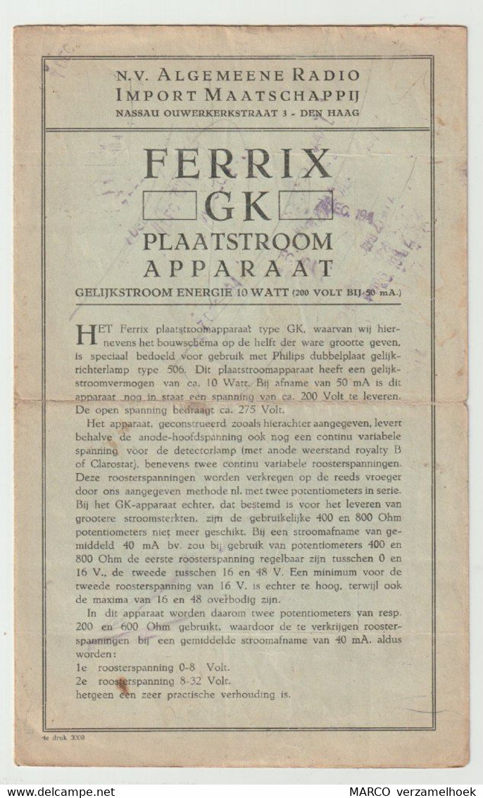 Brochure-leaflet N.V. Algemeene Radio Import Maatschappij De Haag (NL) FERRIX GK Plaatstroomapparaat 1930 - Littérature & Schémas