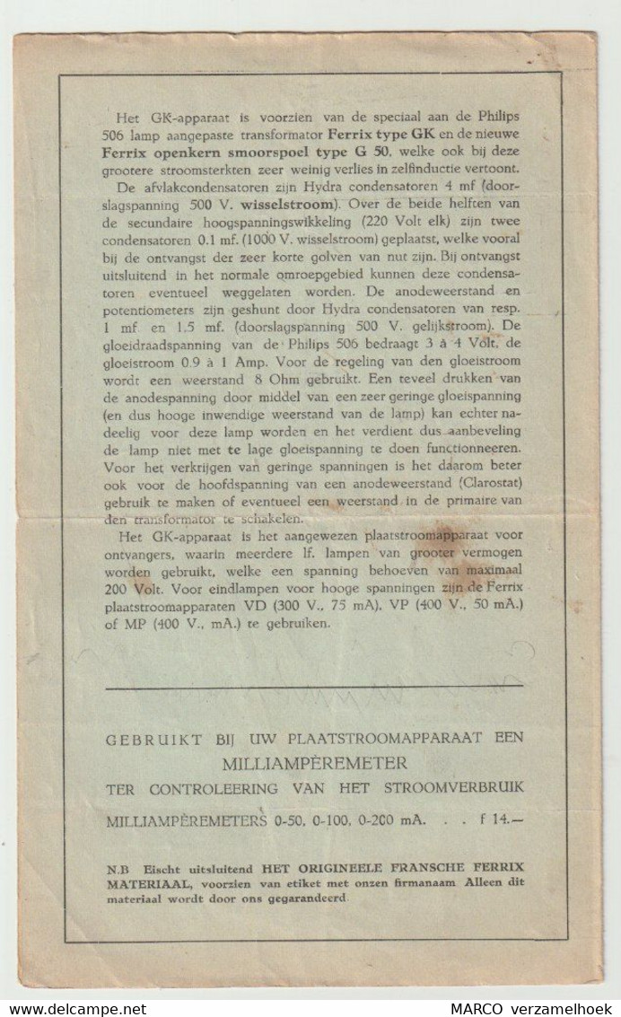 Brochure-leaflet N.V. Algemeene Radio Import Maatschappij De Haag (NL) FERRIX GK Plaatstroomapparaat 1930 - Literatur & Schaltpläne