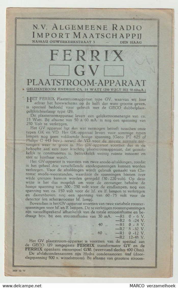 Brochure-leaflet N.V. Algemeene Radio Import Maatschappij De Haag (NL) FERRIX GV Plaatstroomapparaat 1930 - Literatuur & Schema's