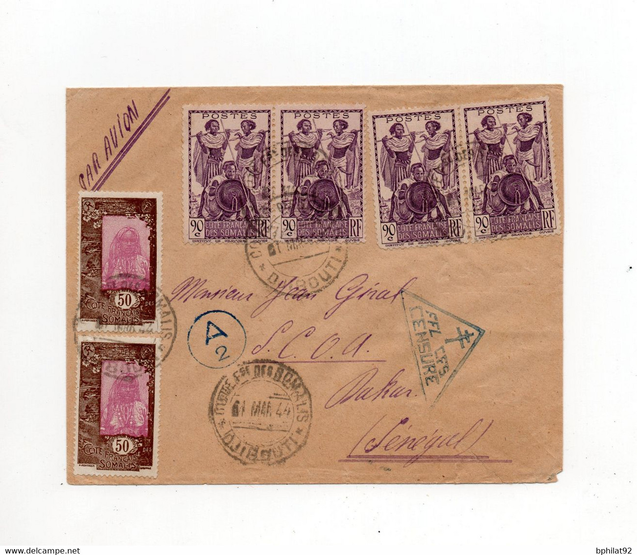 !!! COTE DES SOMALIS, LETTRE PAR AVION DE DJIBOUTI POUR DAKAR DE 1944 CENSURE TRIANGULAIRE FFL CROIX DE LORRAINE - Covers & Documents